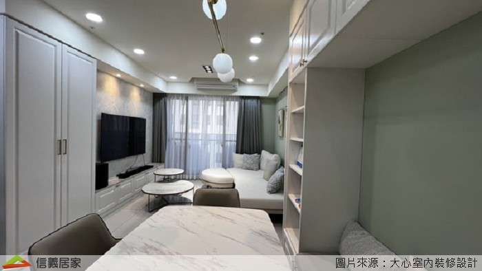 綠色客廳室內裝潢設計，包括收納櫃、吊燈、餐桌裝潢圖片