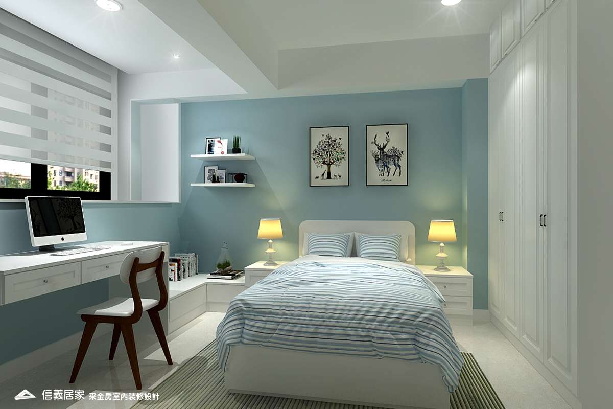 藍色臥室室內裝潢設計，包括床裝潢圖片