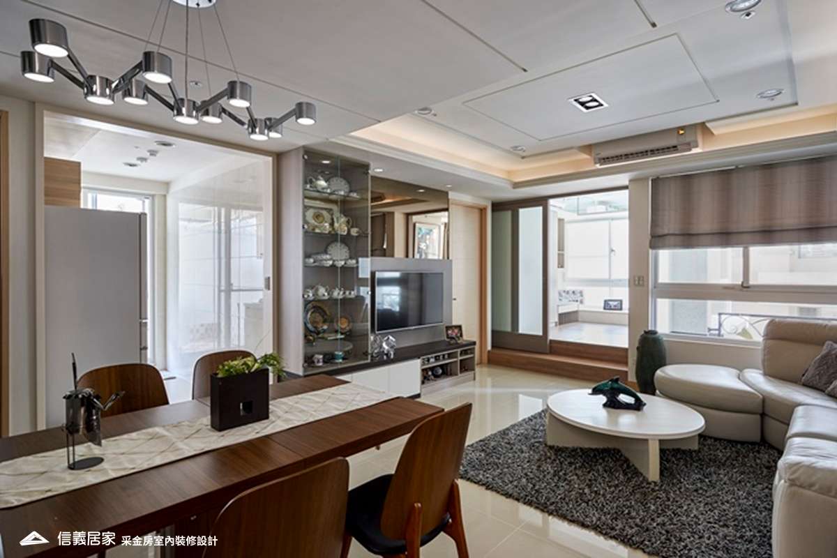 米色餐廳室內裝潢設計，包括餐桌、燈具裝潢圖片