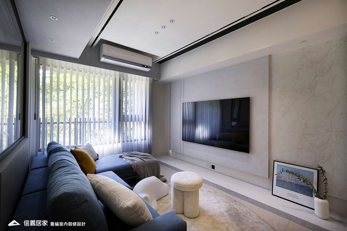 客廳-2-藝術漆 鍍鈦飾條 灰鏡 美術吊燈 柔紗直立簾 進口木百葉