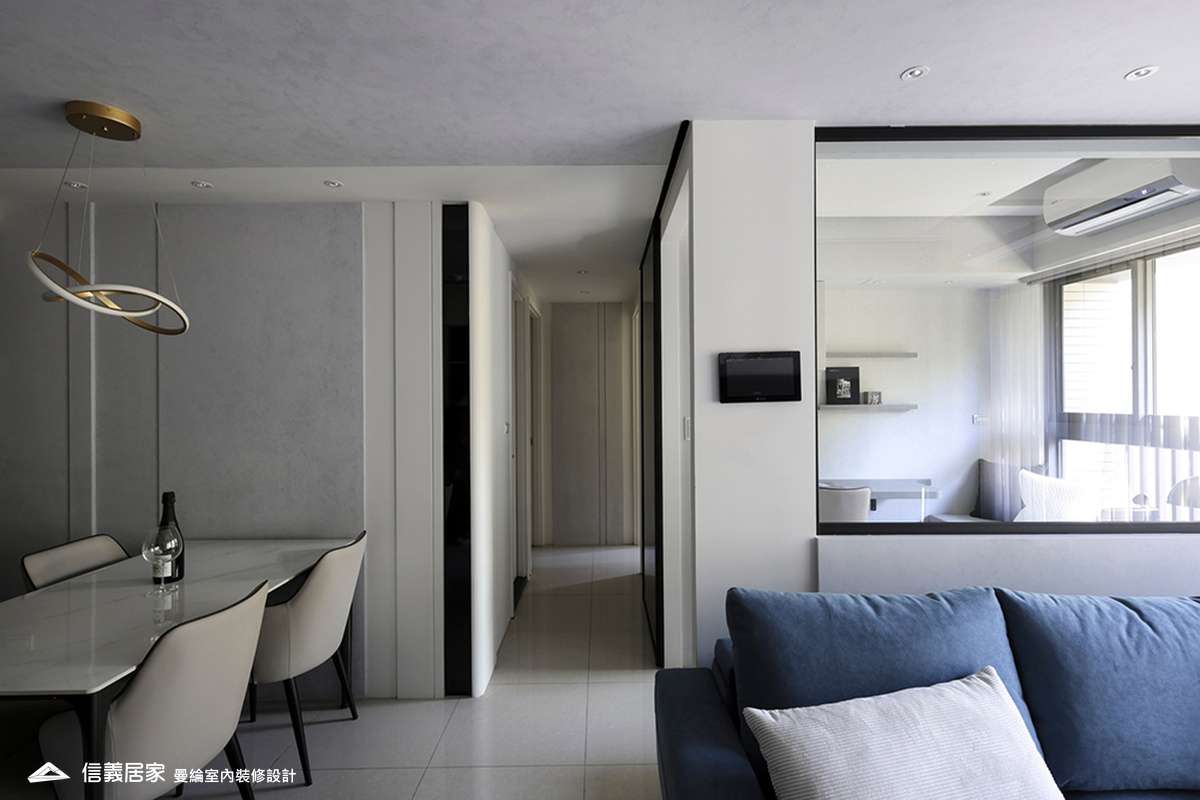 客廳-5-藝術漆 鍍鈦飾條 灰鏡 美術吊燈 柔紗直立簾 進口木百葉