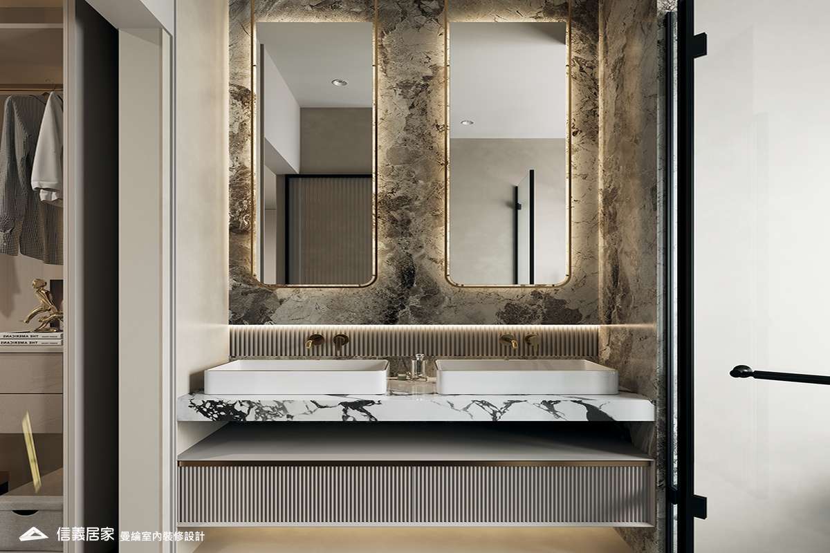 主浴-1-退休宅 輕奢風 大板磚 鍍鈦飾條 格柵 美術吊燈