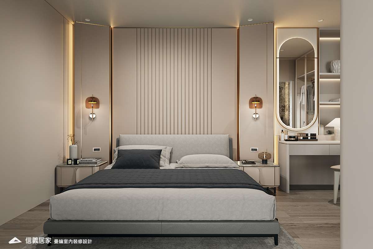 主臥-1-退休宅 輕奢風 大板磚 鍍鈦飾條 格柵 美術吊燈