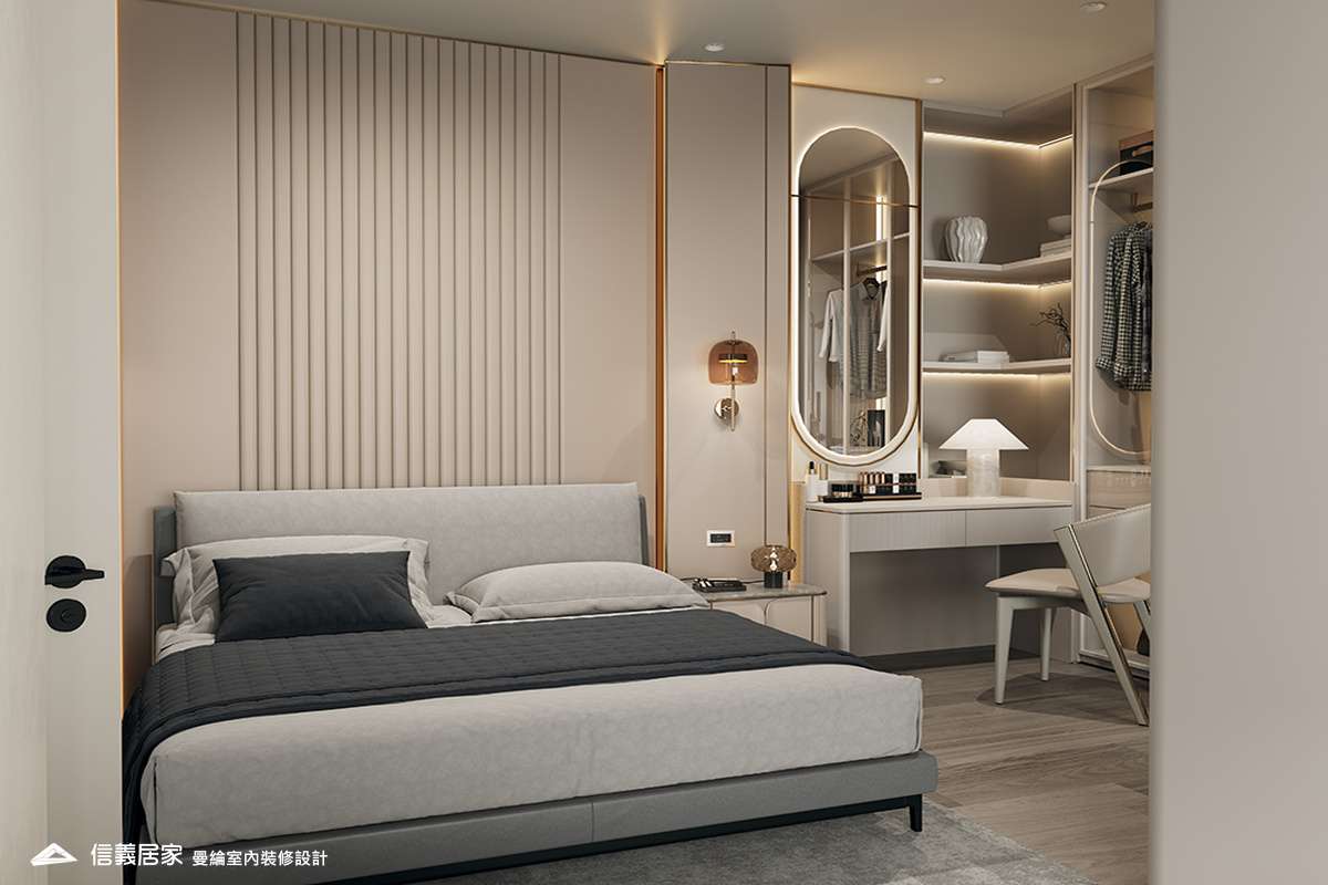 主臥-2-退休宅 輕奢風 大板磚 鍍鈦飾條 格柵 美術吊燈