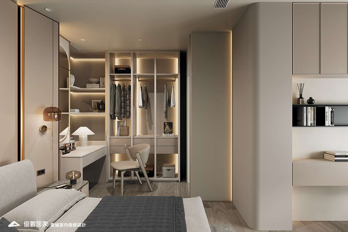 主臥-3-退休宅 輕奢風 大板磚 鍍鈦飾條 格柵 美術吊燈