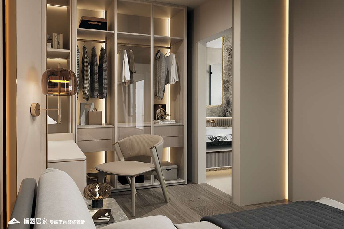 主臥-4-退休宅 輕奢風 大板磚 鍍鈦飾條 格柵 美術吊燈