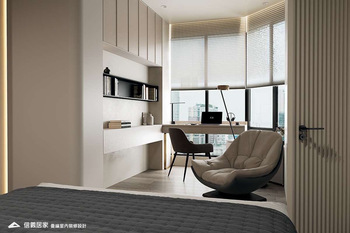 主臥-6-退休宅 輕奢風 大板磚 鍍鈦飾條 格柵 美術吊燈