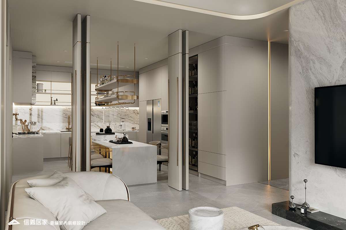 客廳-5-退休宅 輕奢風 大板磚 鍍鈦飾條 格柵 美術吊燈