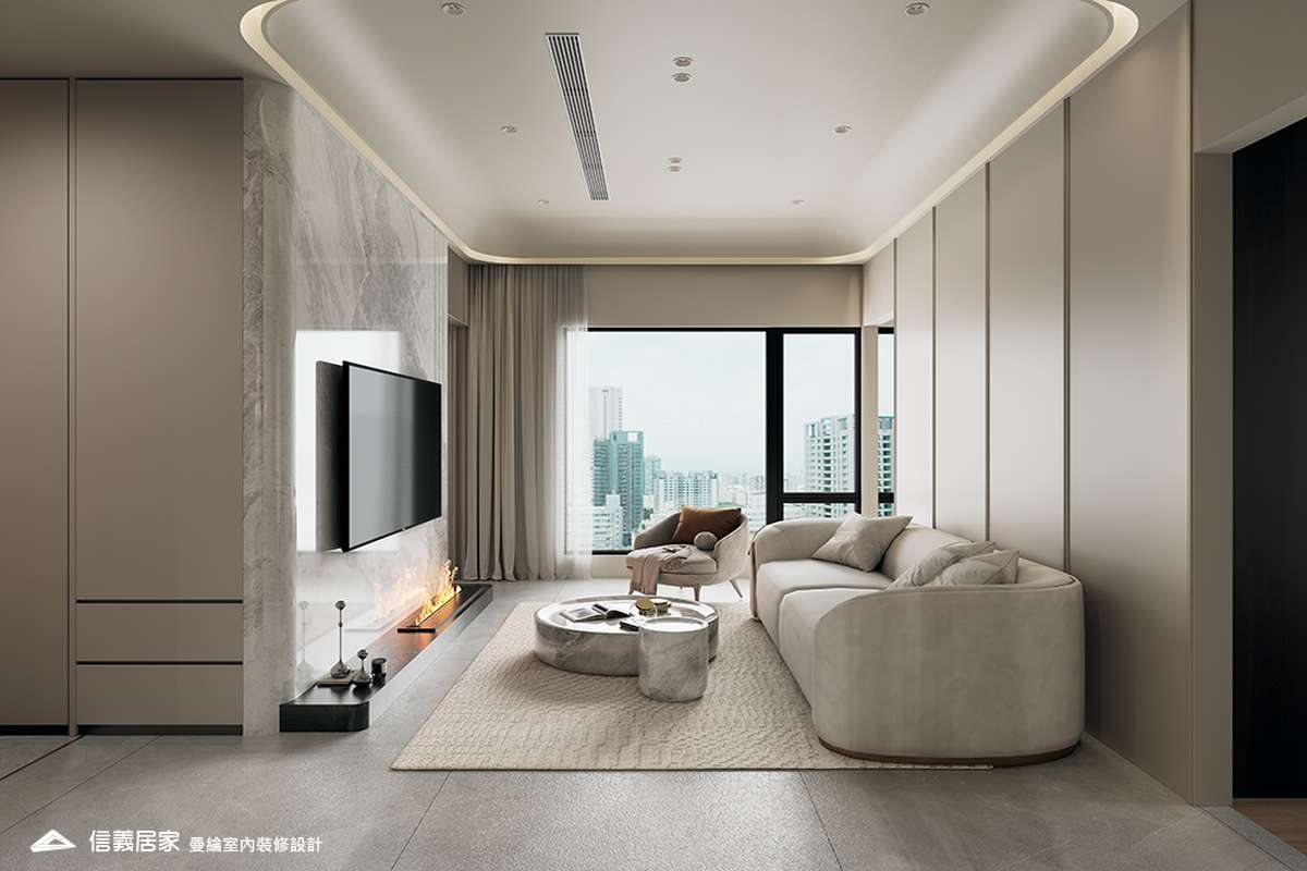 客廳-6-退休宅 輕奢風 大板磚 鍍鈦飾條 格柵 美術吊燈