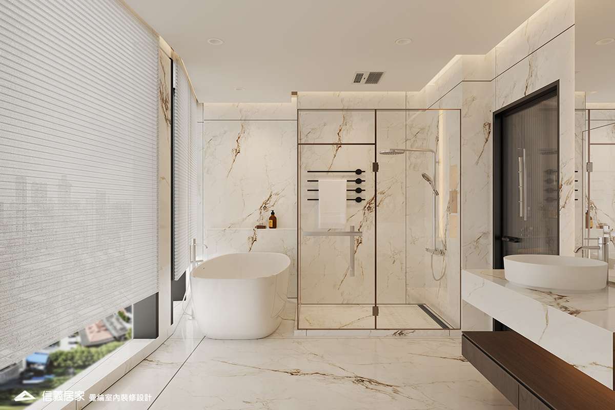 主浴-1-退休宅 輕奢風 大板磚 鍍鈦飾條 格柵 美術吊燈