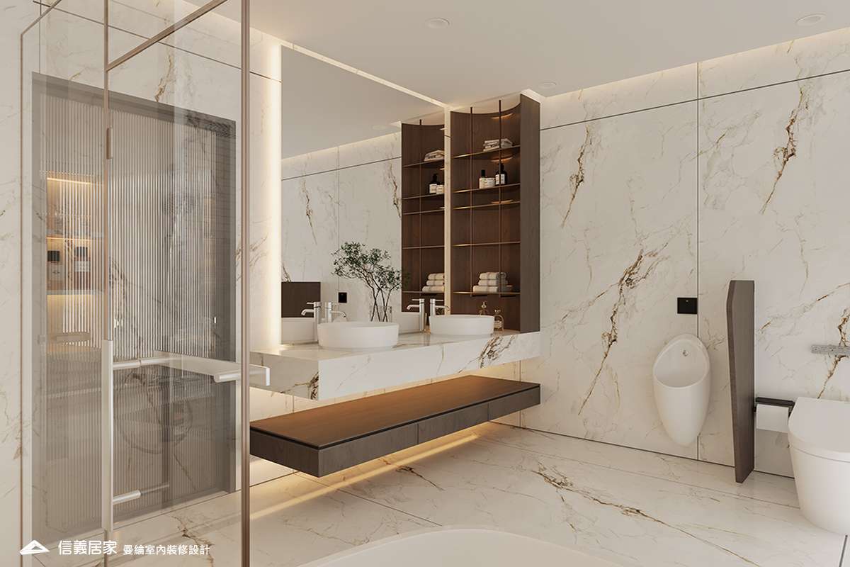 主浴-2-退休宅 輕奢風 大板磚 鍍鈦飾條 格柵 美術吊燈