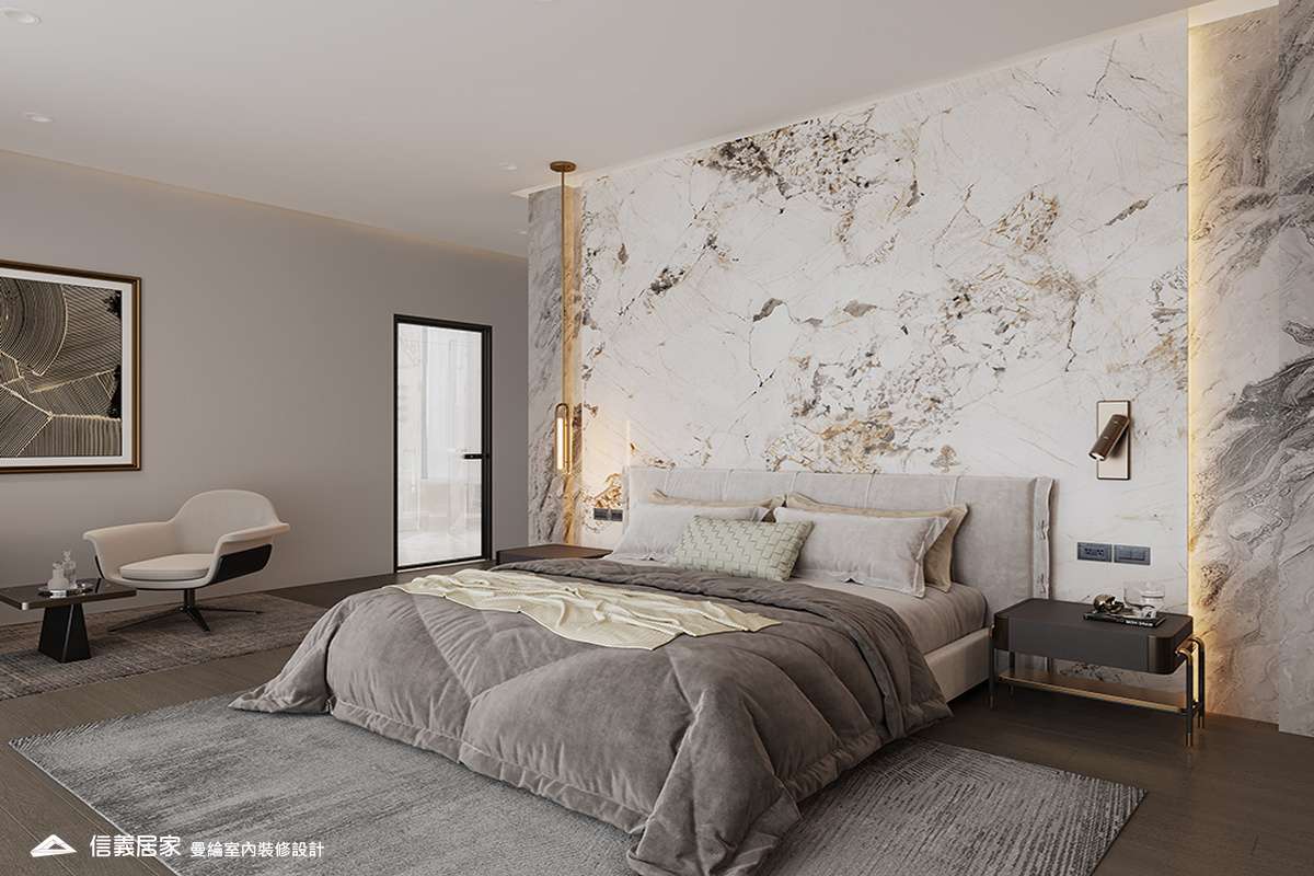 主臥-2-退休宅 輕奢風 大板磚 鍍鈦飾條 格柵 美術吊燈