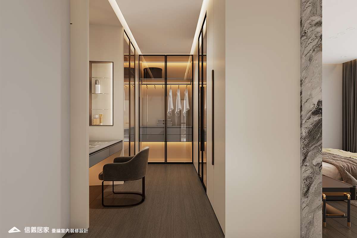 主臥-4-退休宅 輕奢風 大板磚 鍍鈦飾條 格柵 美術吊燈