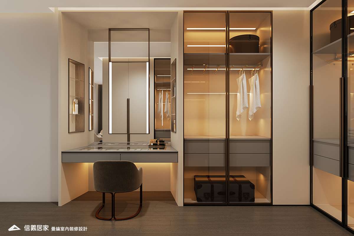 主臥-5-退休宅 輕奢風 大板磚 鍍鈦飾條 格柵 美術吊燈