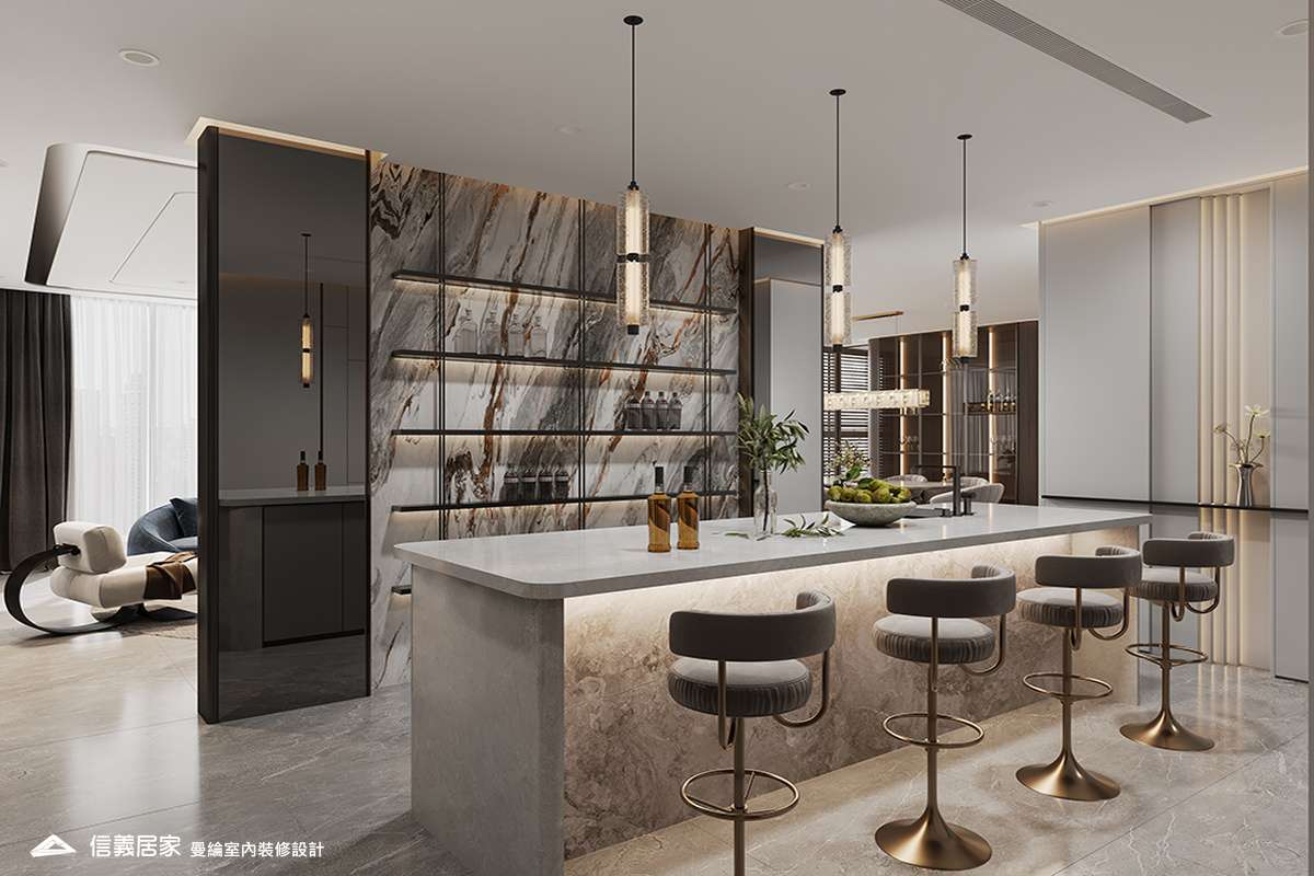 吧檯-1-退休宅 輕奢風 大板磚 鍍鈦飾條 格柵 美術吊燈