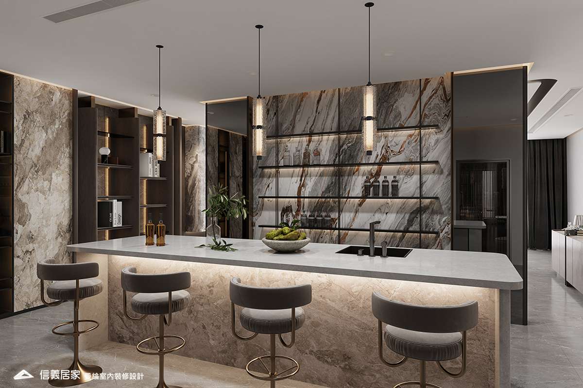 吧檯-3-退休宅 輕奢風 大板磚 鍍鈦飾條 格柵 美術吊燈