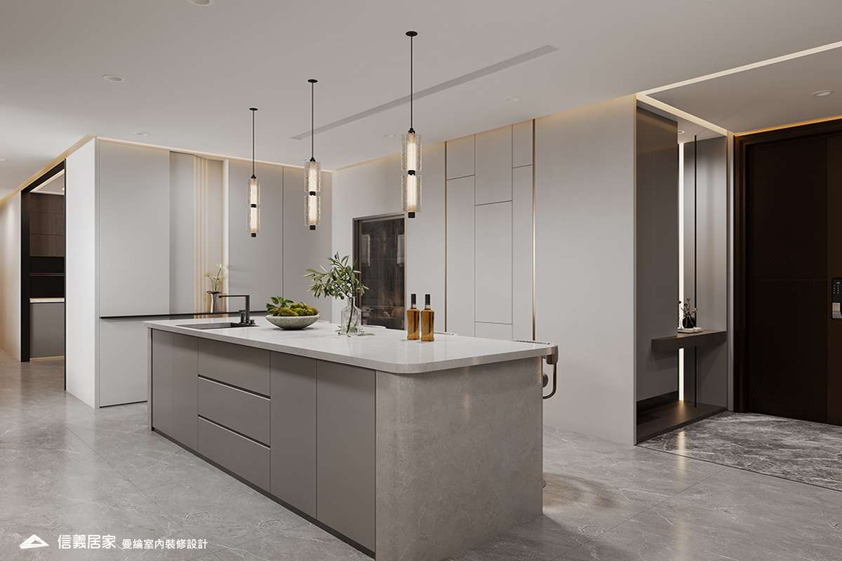 吧檯-4-退休宅 輕奢風 大板磚 鍍鈦飾條 格柵 美術吊燈