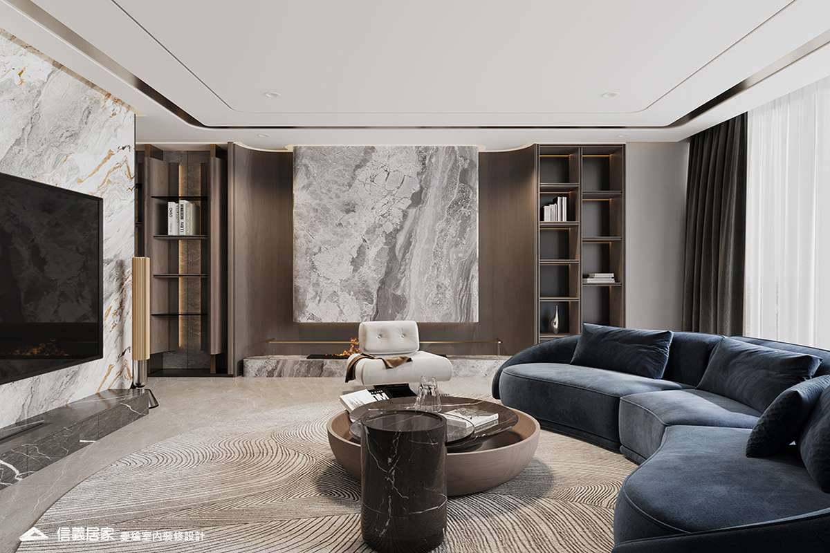 客廳-4-退休宅 輕奢風 大板磚 鍍鈦飾條 格柵 美術吊燈