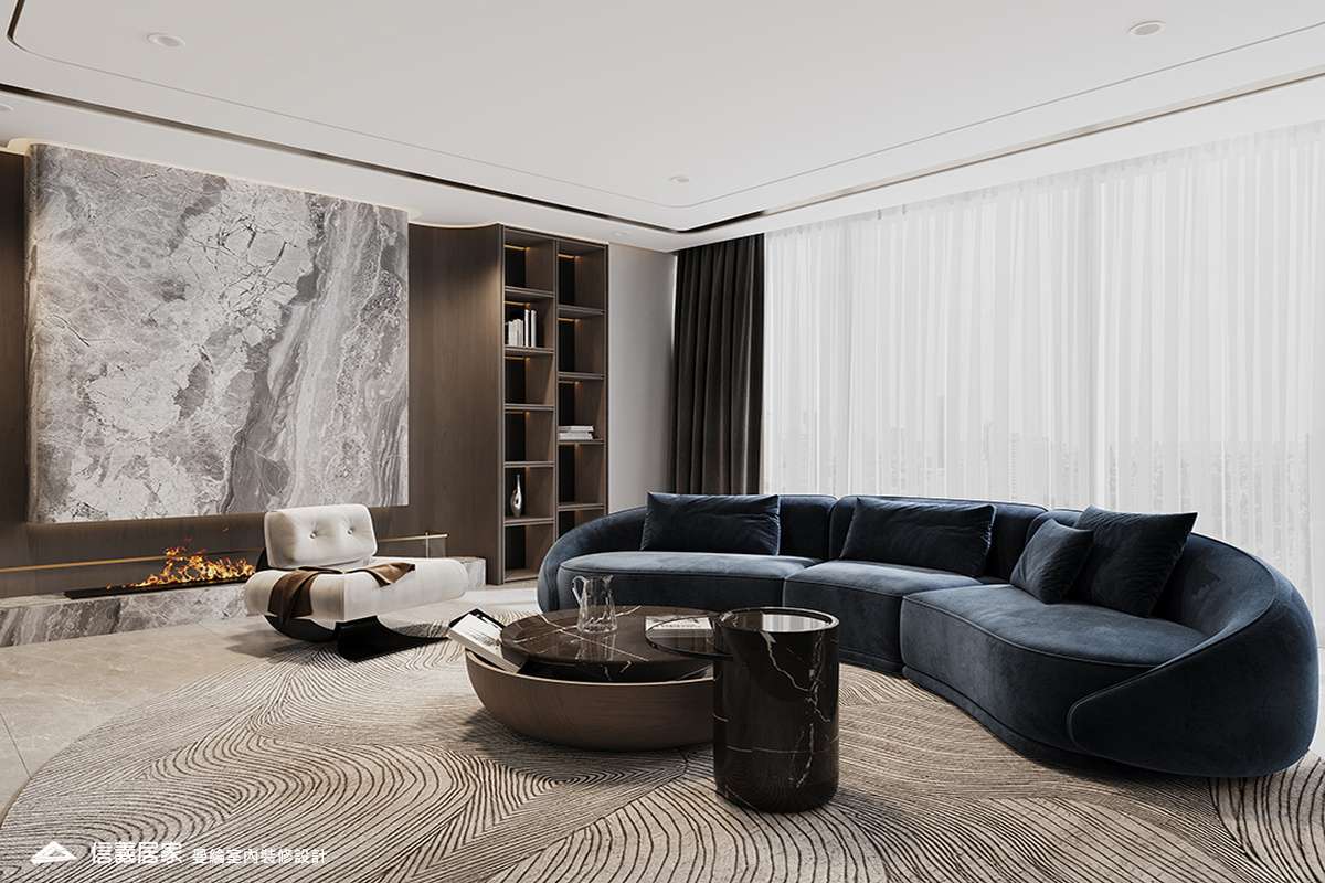 客廳-5-退休宅 輕奢風 大板磚 鍍鈦飾條 格柵 美術吊燈