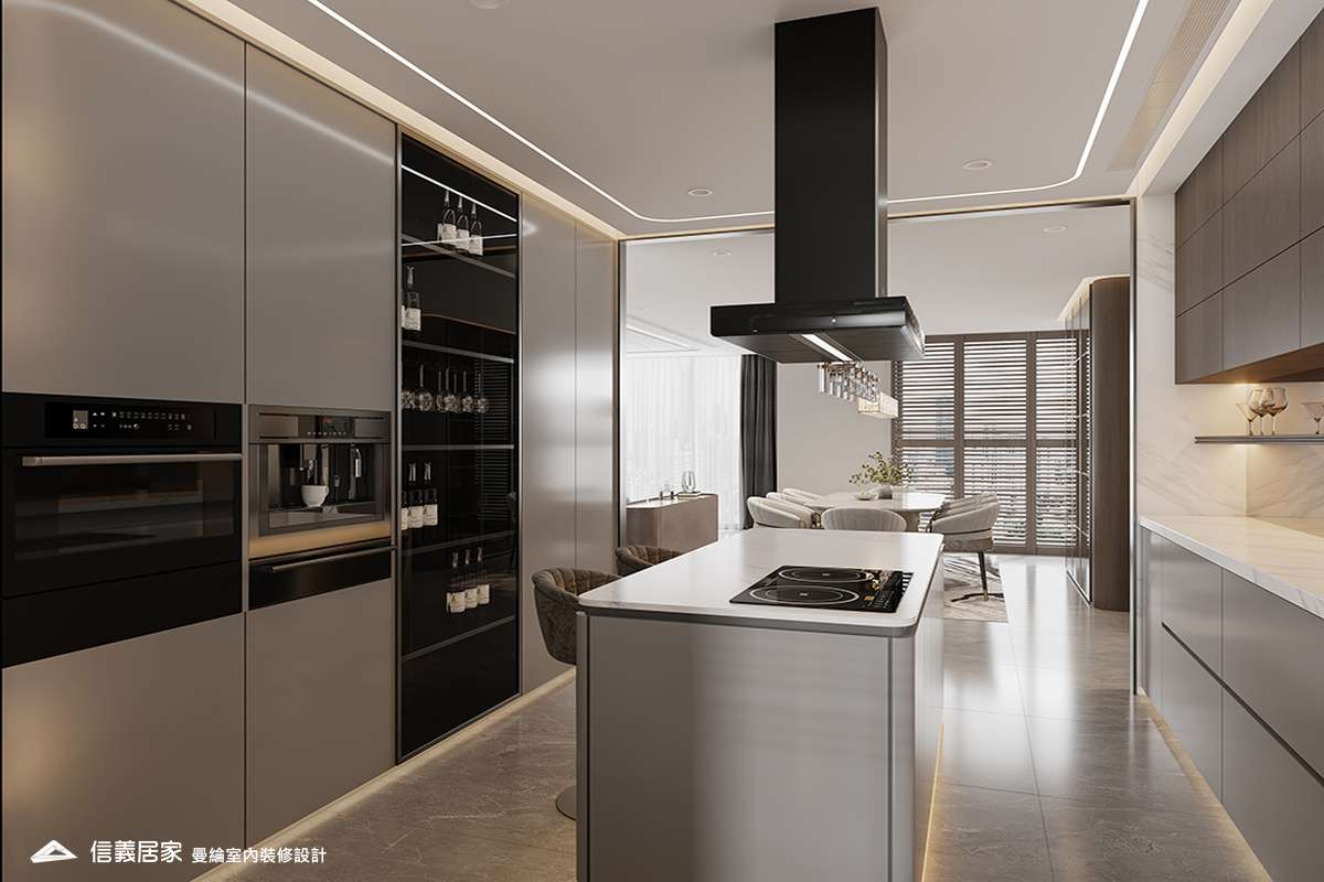 廚房-2-退休宅 輕奢風 大板磚 鍍鈦飾條 格柵 美術吊燈