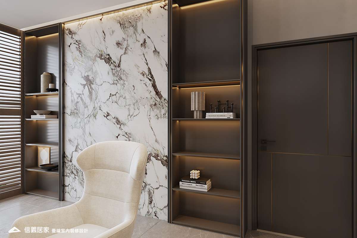 書房-2-退休宅 輕奢風 大板磚 鍍鈦飾條 格柵 美術吊燈