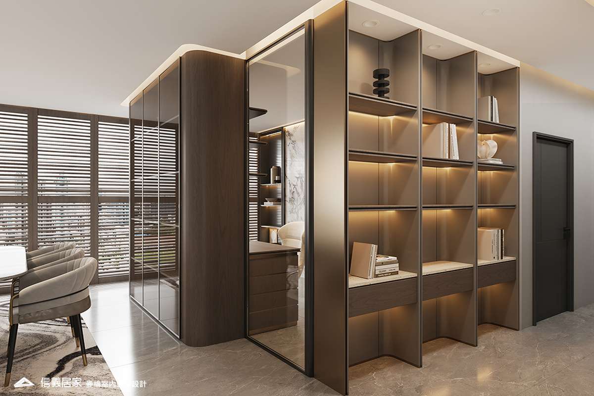 書房-3-退休宅 輕奢風 大板磚 鍍鈦飾條 格柵 美術吊燈