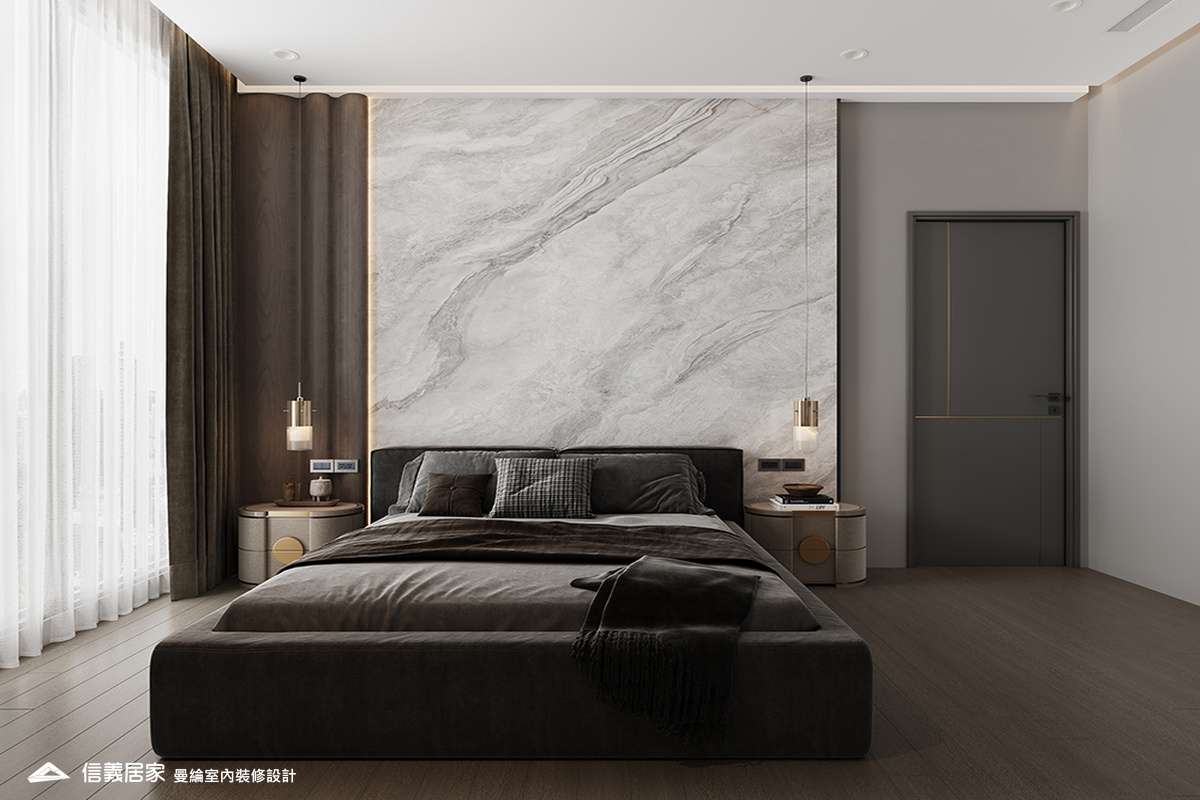 次臥1-1-退休宅 輕奢風 大板磚 鍍鈦飾條 格柵 美術吊燈