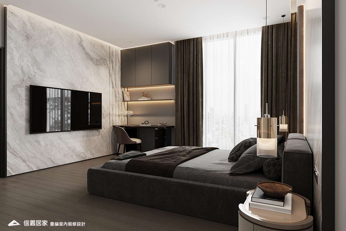 次臥1-2-退休宅 輕奢風 大板磚 鍍鈦飾條 格柵 美術吊燈