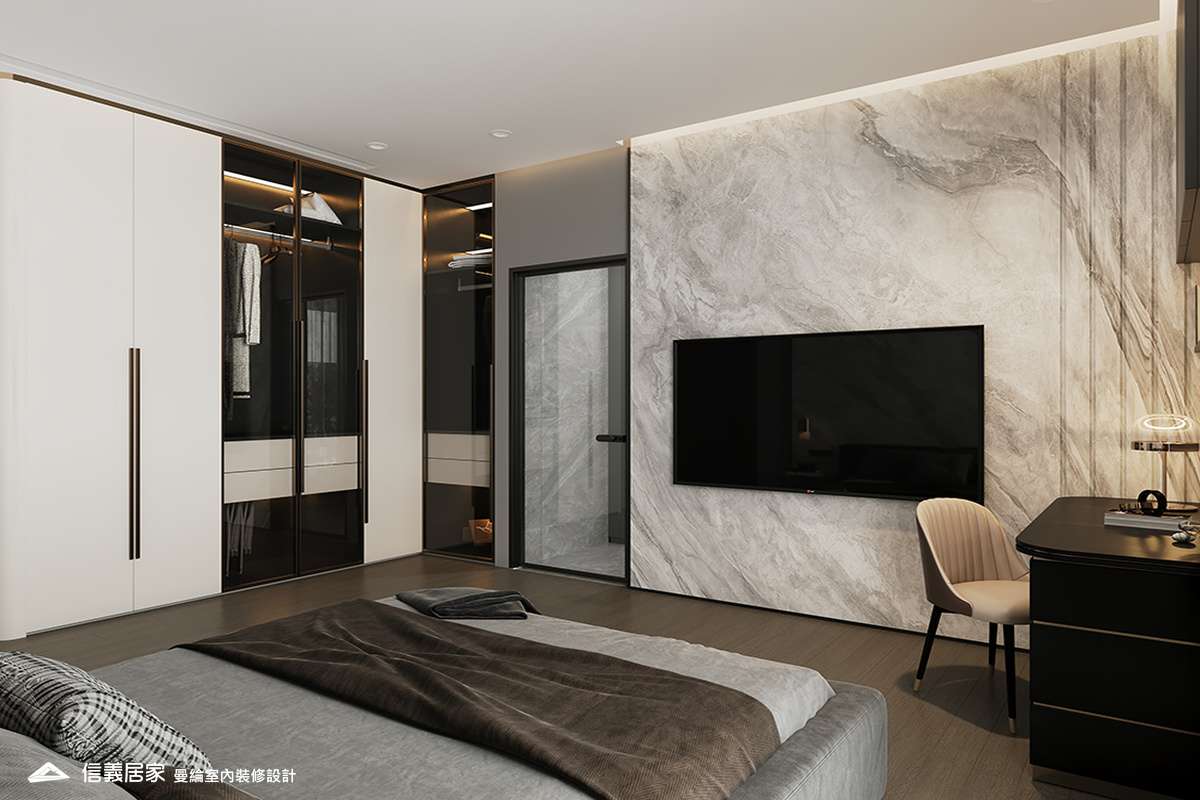 次臥1-3-退休宅 輕奢風 大板磚 鍍鈦飾條 格柵 美術吊燈