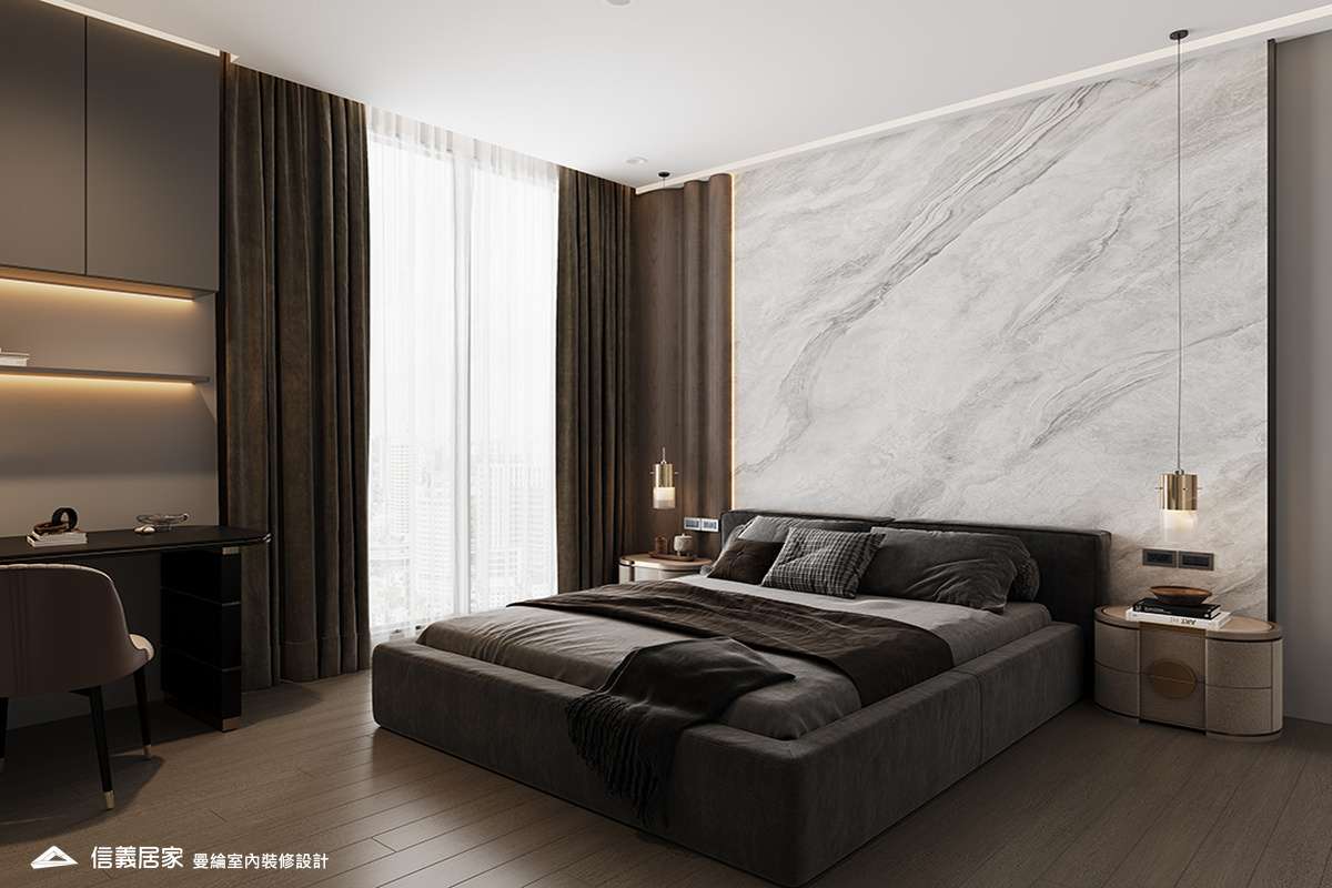 次臥1-5-退休宅 輕奢風 大板磚 鍍鈦飾條 格柵 美術吊燈