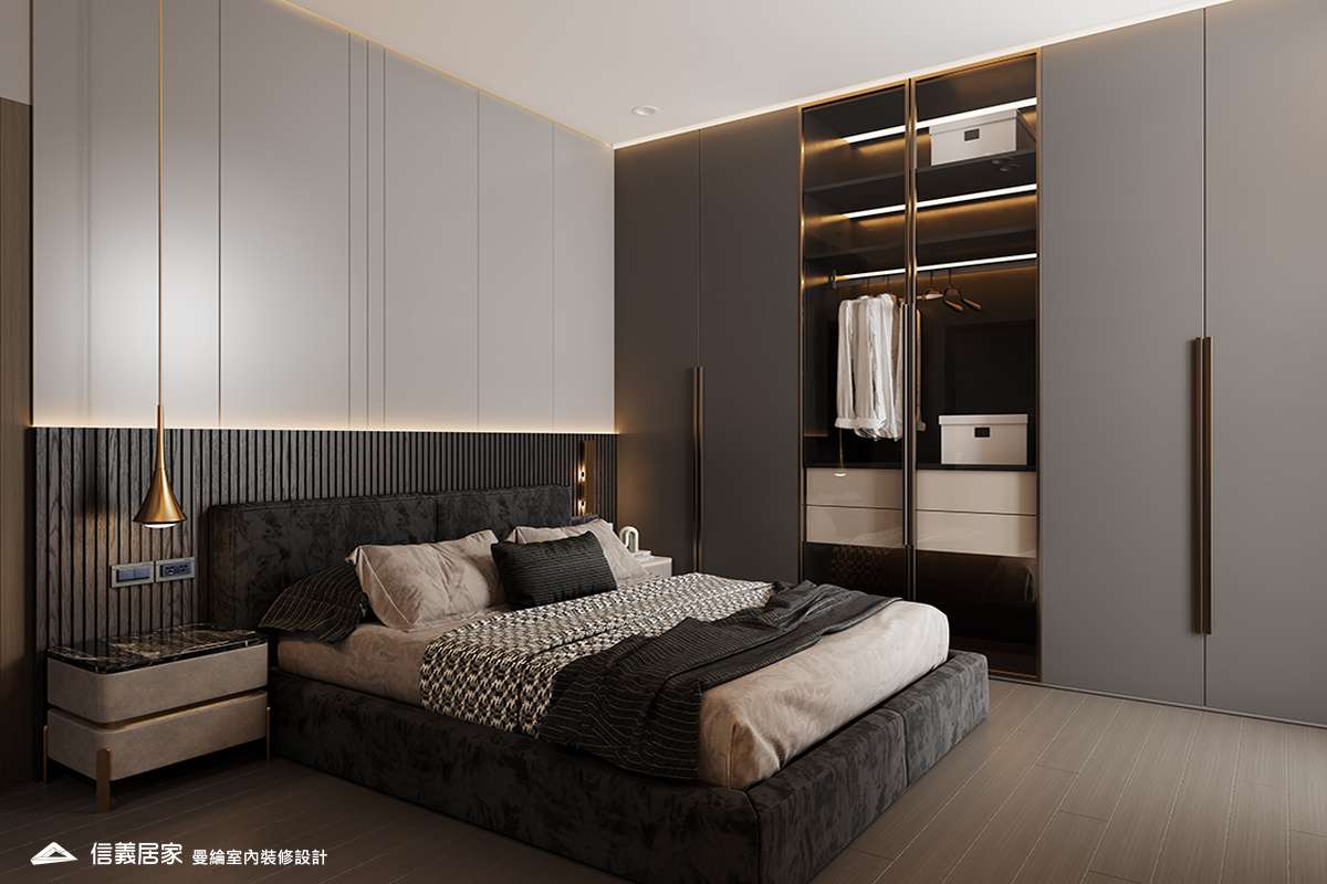 次臥2-1-退休宅 輕奢風 大板磚 鍍鈦飾條 格柵 美術吊燈