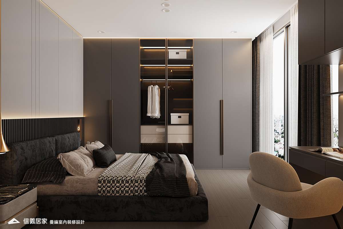 次臥2-2-退休宅 輕奢風 大板磚 鍍鈦飾條 格柵 美術吊燈