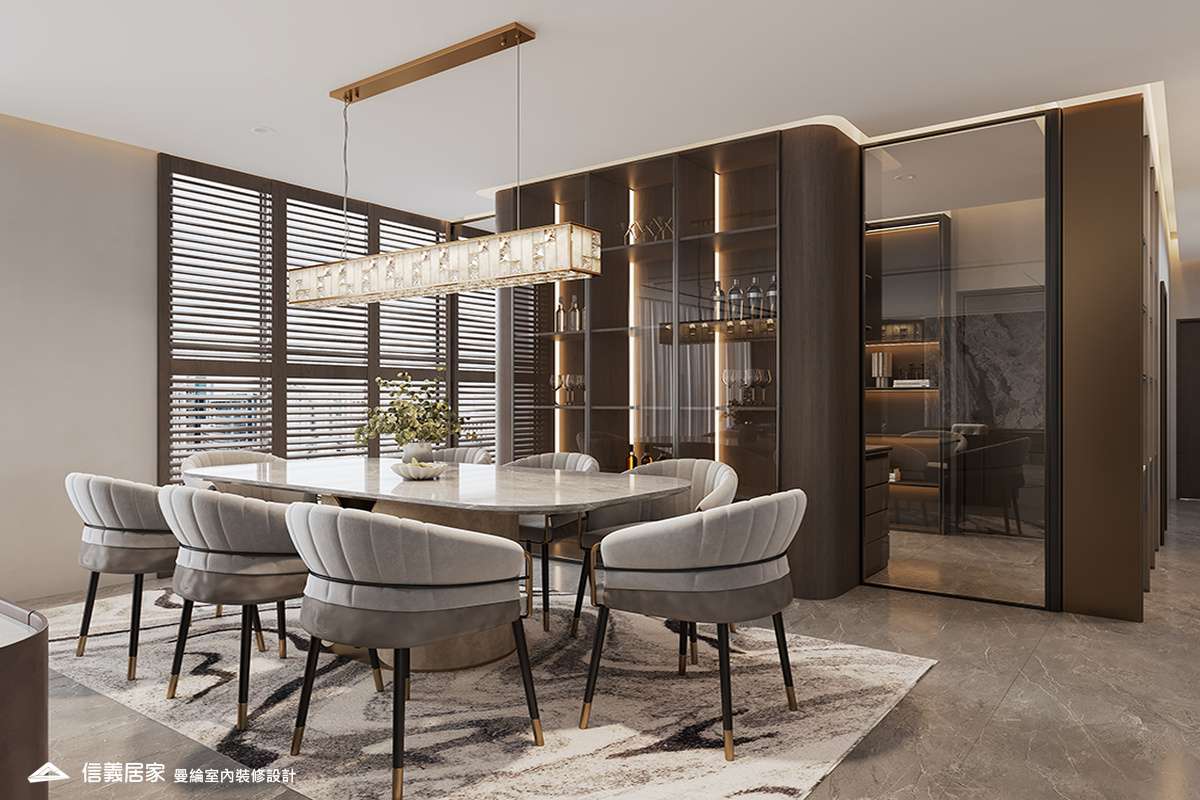 餐廳-1-退休宅 輕奢風 大板磚 鍍鈦飾條 格柵 美術吊燈