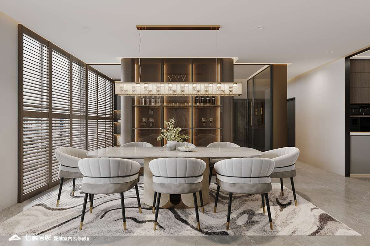 餐廳-2-退休宅 輕奢風 大板磚 鍍鈦飾條 格柵 美術吊燈