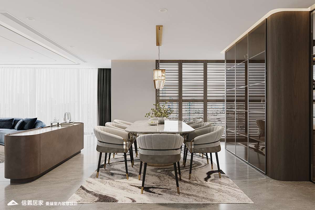 餐廳-3-退休宅 輕奢風 大板磚 鍍鈦飾條 格柵 美術吊燈