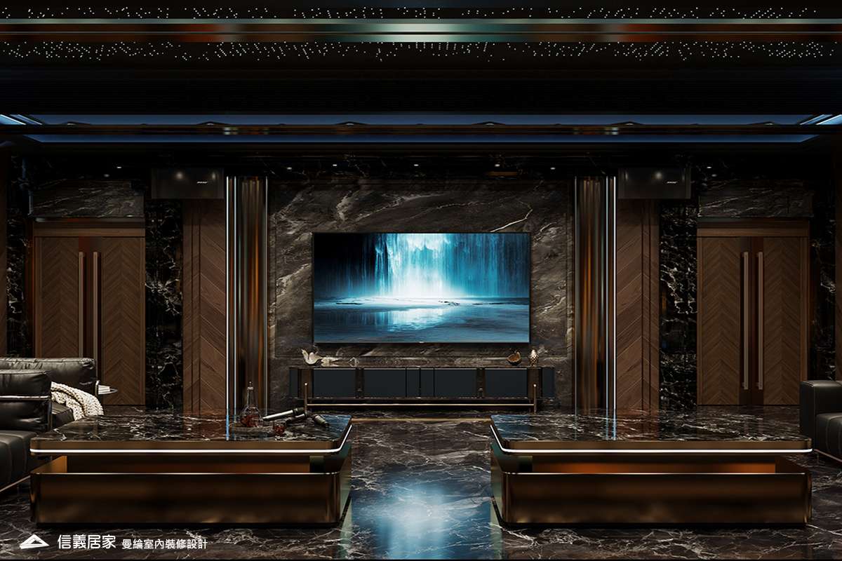 KTV室-1-招待所 奢華風 大理石 鍍鈦飾條 水晶吊燈 大板磚