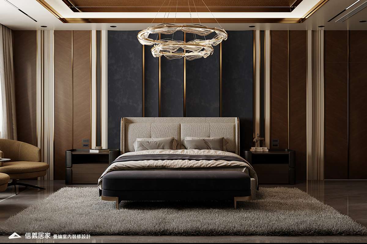 主臥-1-招待所 奢華風 大理石 鍍鈦飾條 水晶吊燈 大板磚