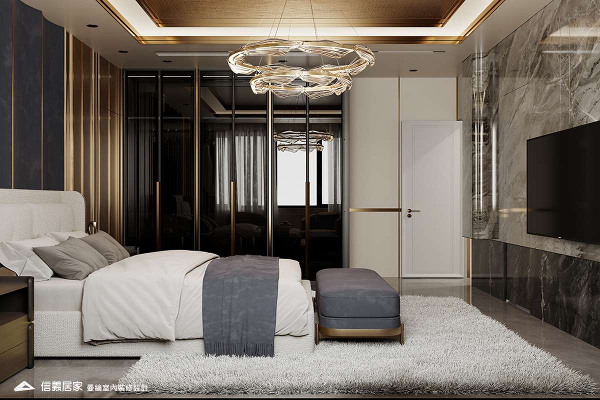 主臥-3-招待所 奢華風 大理石 鍍鈦飾條 水晶吊燈 大板磚