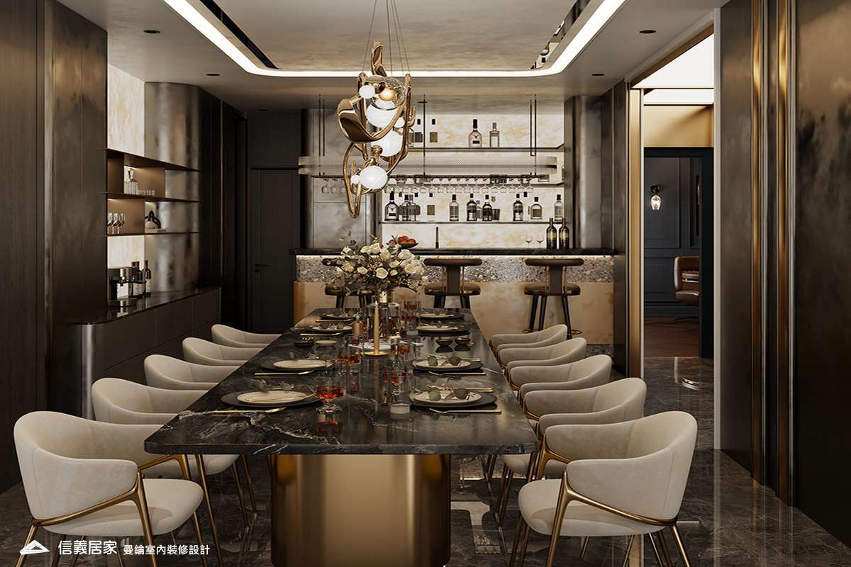 吧檯-2-招待所 奢華風 大理石 鍍鈦飾條 水晶吊燈 大板磚