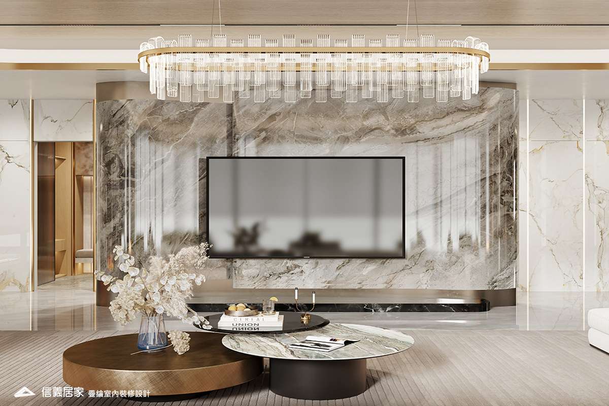 大廳-1-招待所 奢華風 大理石 鍍鈦飾條 水晶吊燈 大板磚