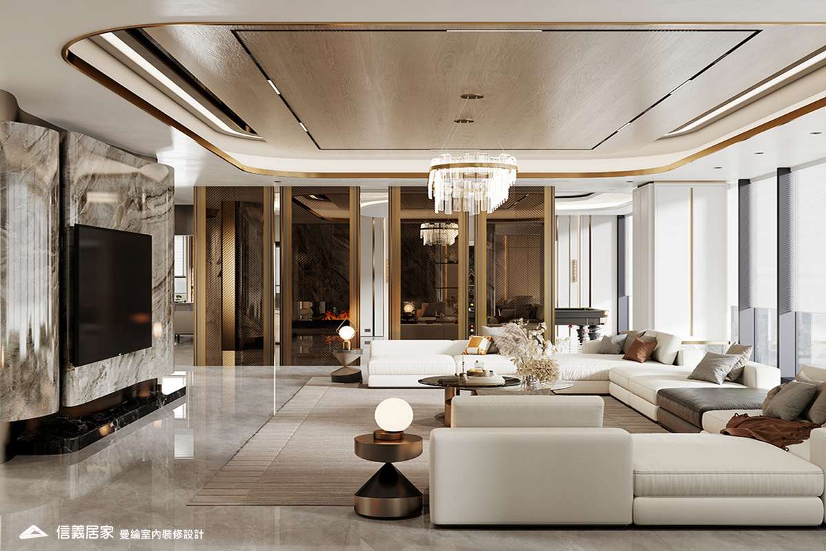 大廳-2-招待所 奢華風 大理石 鍍鈦飾條 水晶吊燈 大板磚