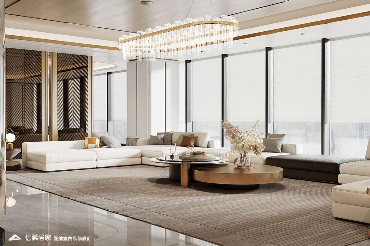 大廳-3-招待所 奢華風 大理石 鍍鈦飾條 水晶吊燈 大板磚