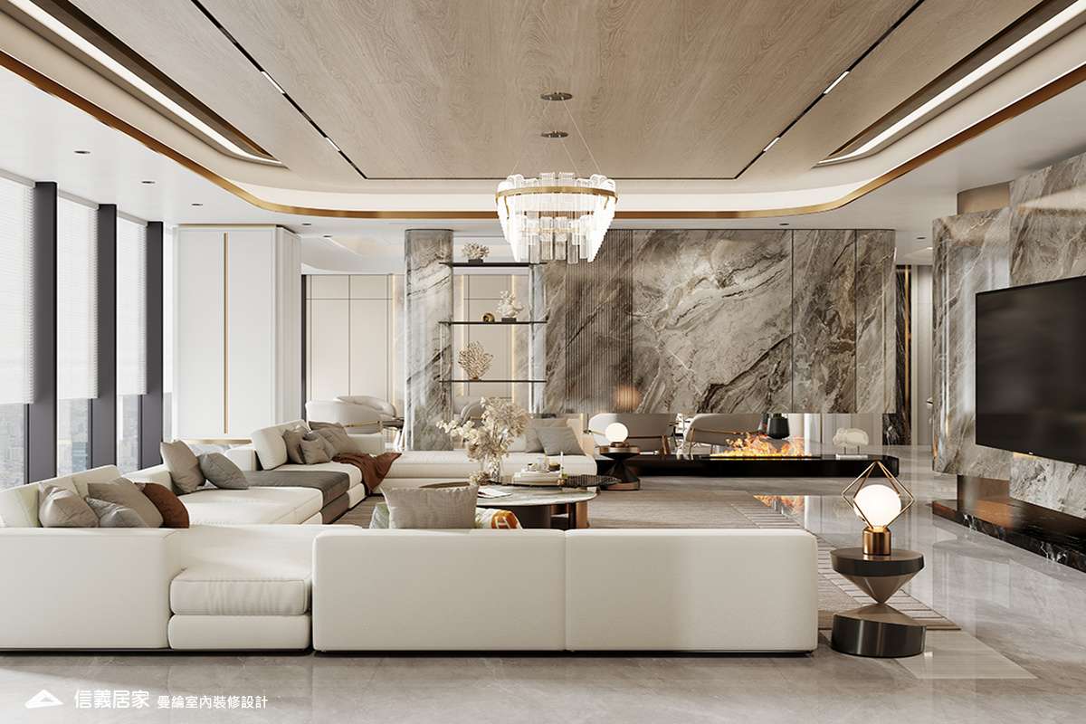 大廳-5-招待所 奢華風 大理石 鍍鈦飾條 水晶吊燈 大板磚