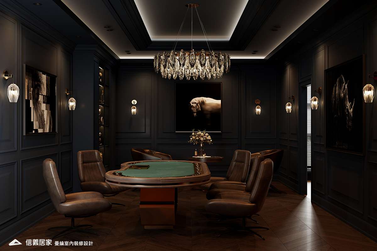 德州撲克室-1-招待所 奢華風 大理石 鍍鈦飾條 水晶吊燈 大板磚