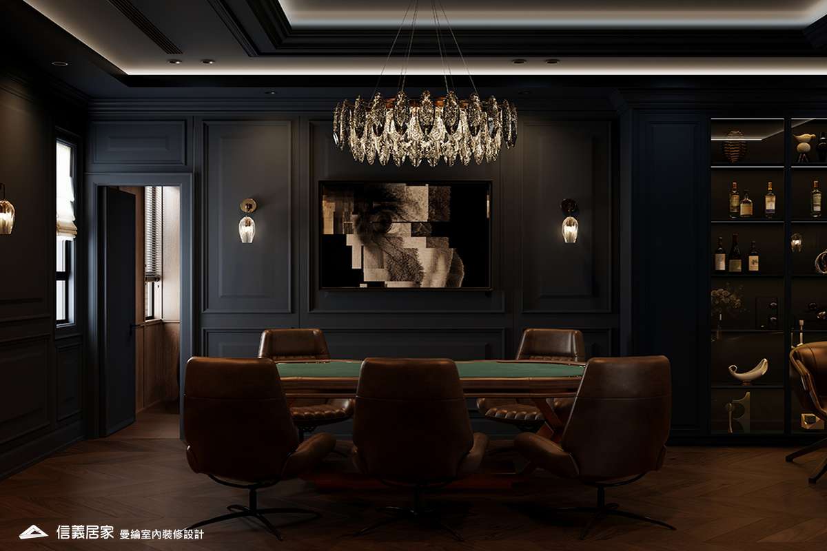 德州撲克室-2-招待所 奢華風 大理石 鍍鈦飾條 水晶吊燈 大板磚