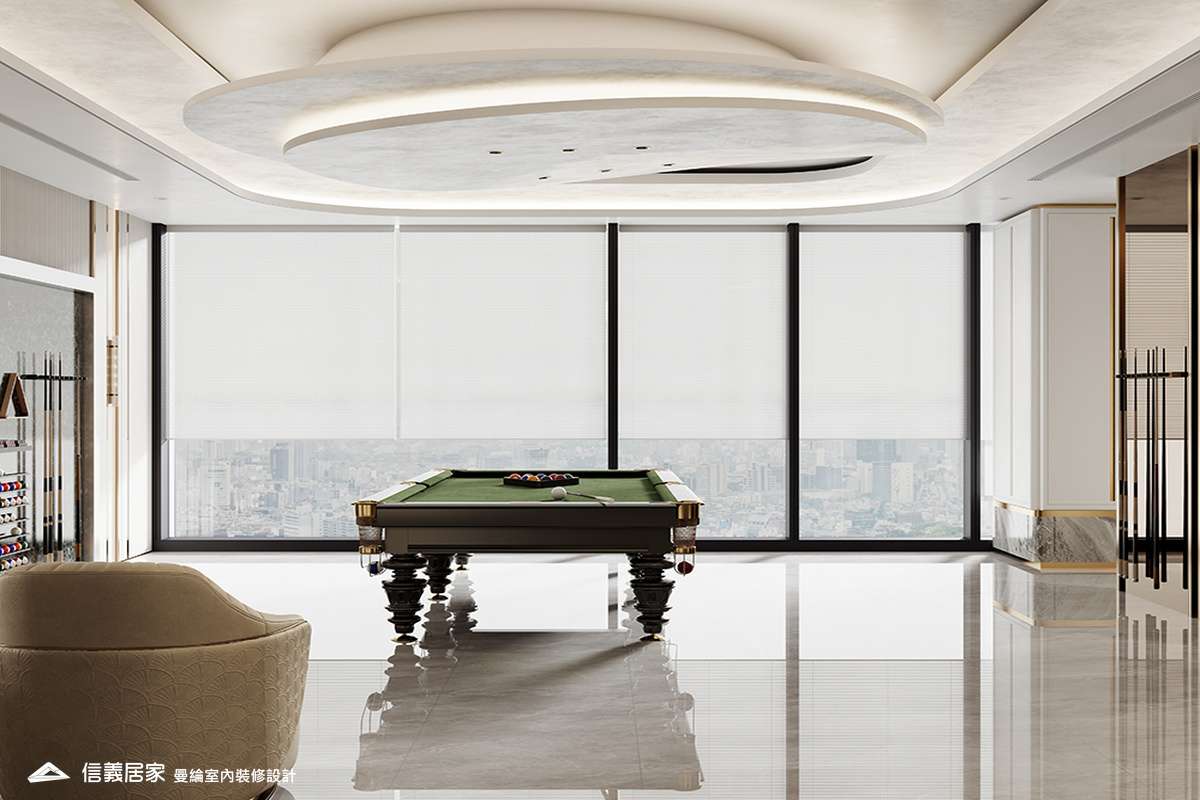 撞球區-2-招待所 奢華風 大理石 鍍鈦飾條 水晶吊燈 大板磚