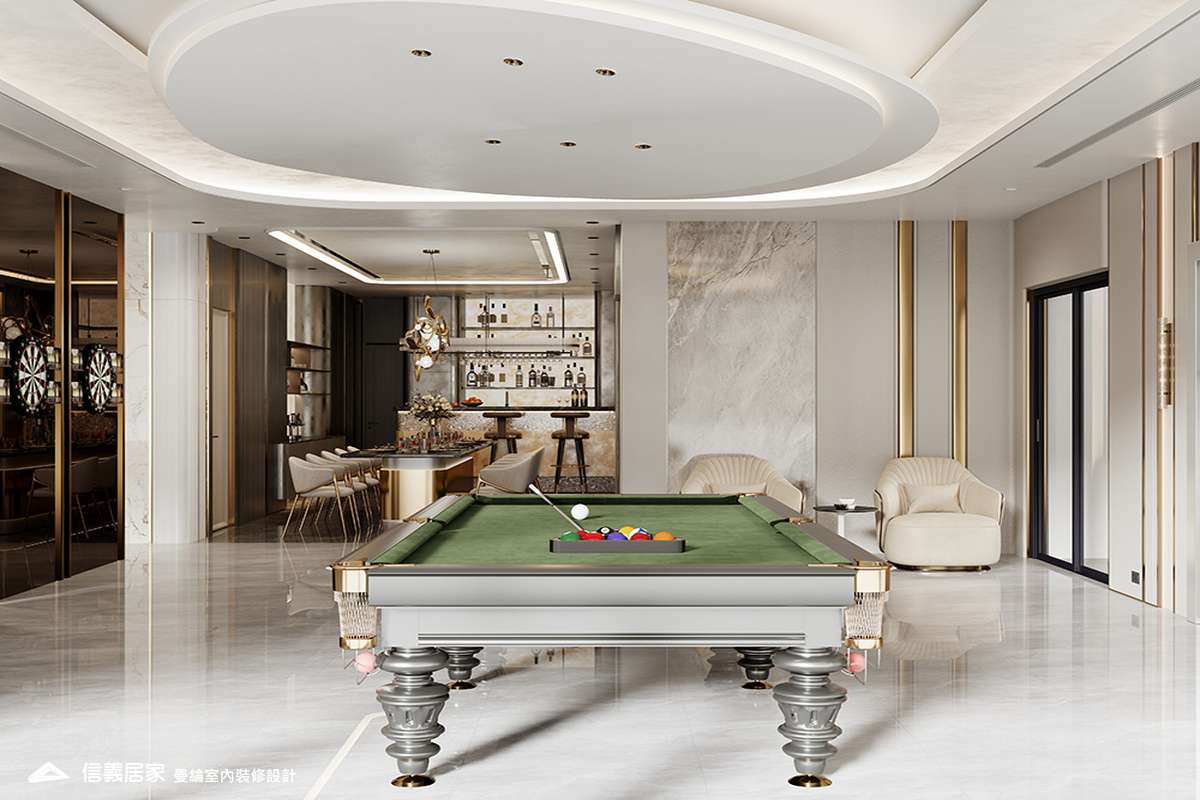 撞球區-3-招待所 奢華風 大理石 鍍鈦飾條 水晶吊燈 大板磚