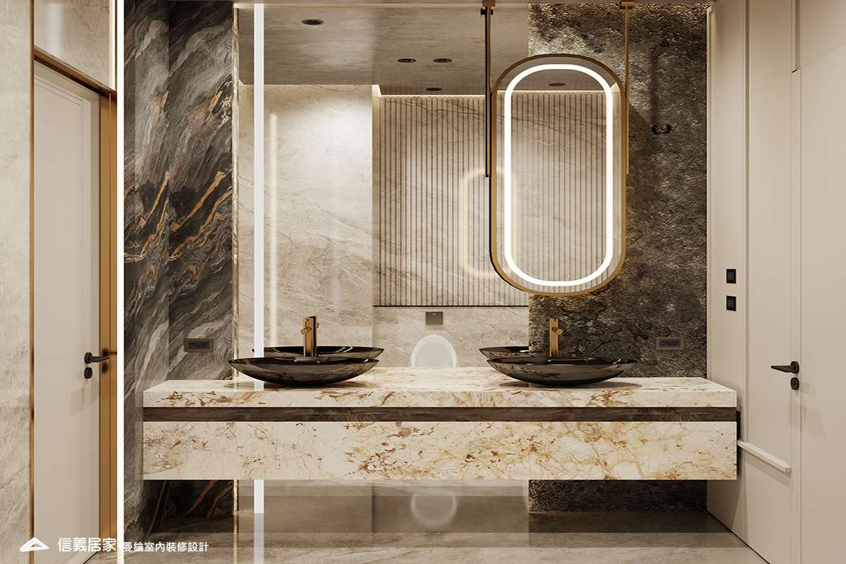 次浴-1-招待所 奢華風 大理石 鍍鈦飾條 水晶吊燈 大板磚