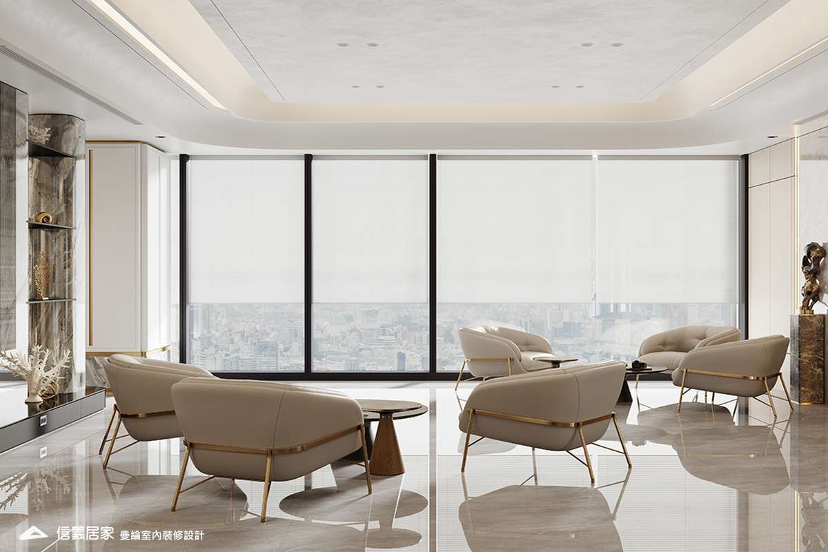 洽談區-2-招待所 奢華風 大理石 鍍鈦飾條 水晶吊燈 大板磚