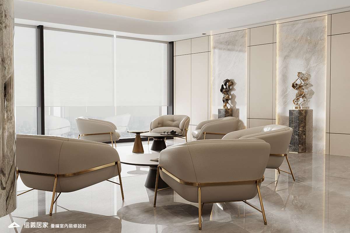 洽談區-3-招待所 奢華風 大理石 鍍鈦飾條 水晶吊燈 大板磚